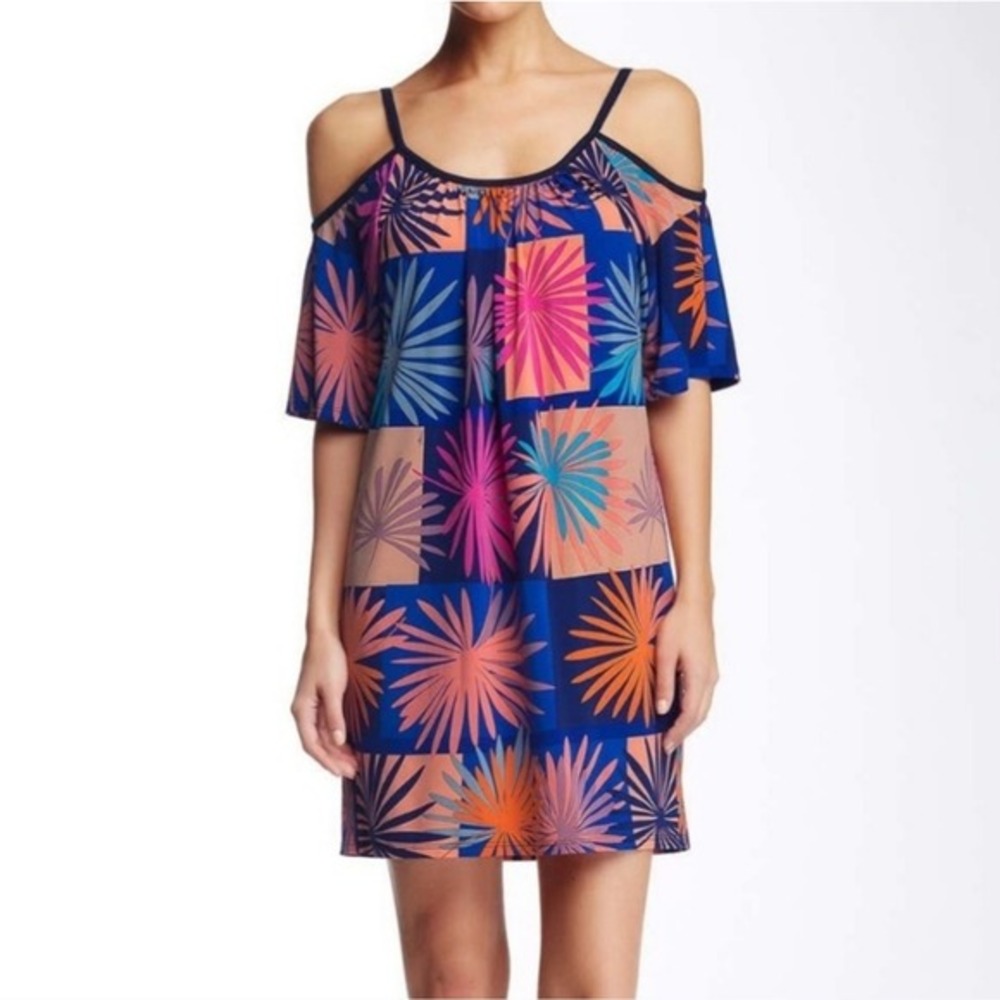 Trina Turk 60s‎ 70s vibes floral Viola Cold Shoulder Dress coverup size Small